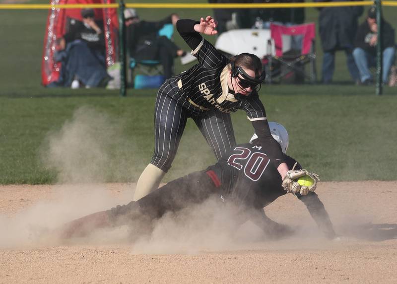 Sycamore's Brighton Snodgrass gets the forecourt as Marengo's Ariana Rodriguez slides in Friday, April 11, 2025, during their game at Sycamore High School.