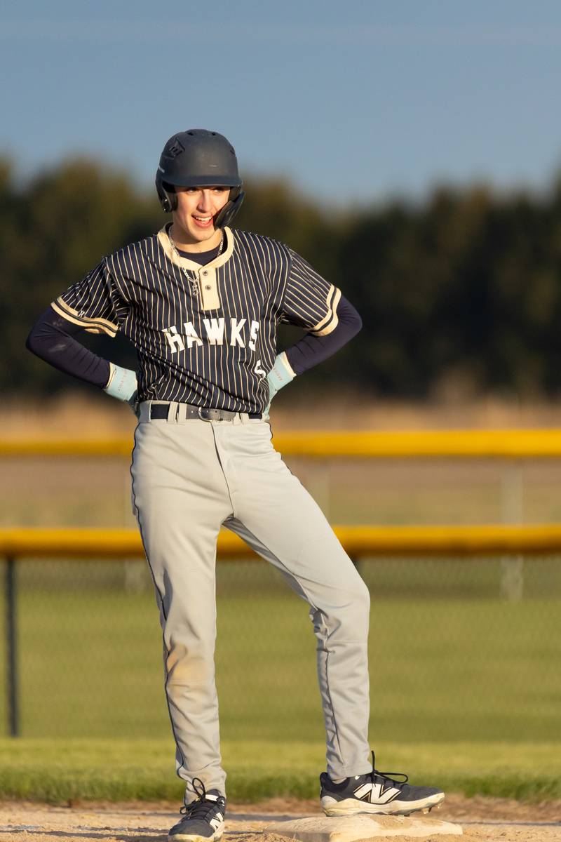 Colby Wylde of Hiawatha stands on base on Monday, April 7, 2025 at Serena High School in Serena.