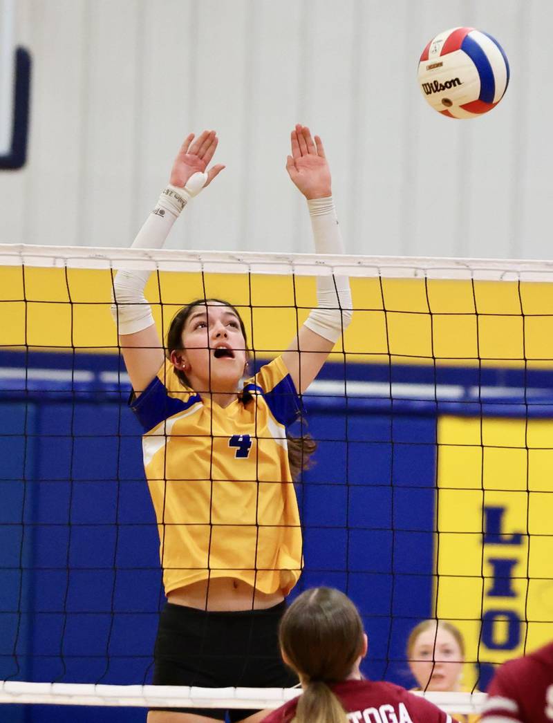 Lenora Hopkins makes a play at the net for Princeton Logan in Monday's Class 3A 8th grade sectional finals at Pannebaker Gym. The Lions fell in three sets to Morris Saratoga.