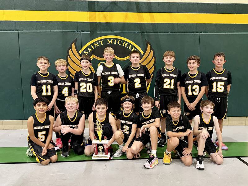The Putnam County Pumas fifth grade basketball team finished second at the Joe Kudrick Tournament at Streator St. Michael's which ran Dec. 4-6. The Pumas beat the Academy of St. Carlo Acutis 27-4 and Dwight 17-14 before falling to Cornell 40-29 in Saturday's championship game. Team members are (front row, from left) Pedro Cano, Bryce Burris, Jason Macklin, Huck Frund, Jack Gabrielse, Caleb Jagg and Caleb Moriarty; and (back row) Ike Heckman, Kenneth Mertel, Beckett Kays, Brock Newsome, Stephen Beattie, Kellen Spradling, Ben Harvey and Kael Weddell.