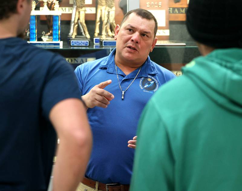 Easy Sanchez, vice president of the Illinois Brotherhood of Electrical Workers, talks to attendees Wednesday, Oct. 22, 2025, during Trades Exploration Day at DeKalb High School. The event hosted several companies and organizations that were offering information on opportunities in the trades.