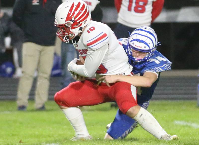 Princeton quarterback William Lott takes down Oregon's Keaton Salsbury behind the line of scrimmage during the Class 3A playoff game on Friday, Nov. 1, 2024 at Princeton High School.