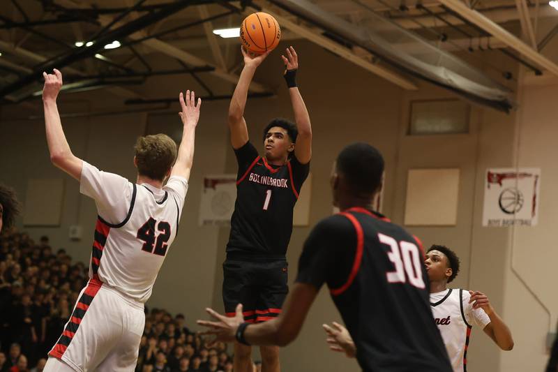 Bolingbrook’s Brady Pettigrew floats a shot against Benet in the Class 4A Bolingbrook Sectional championship game on Friday, March 6, 2026 in Bolingbrook.