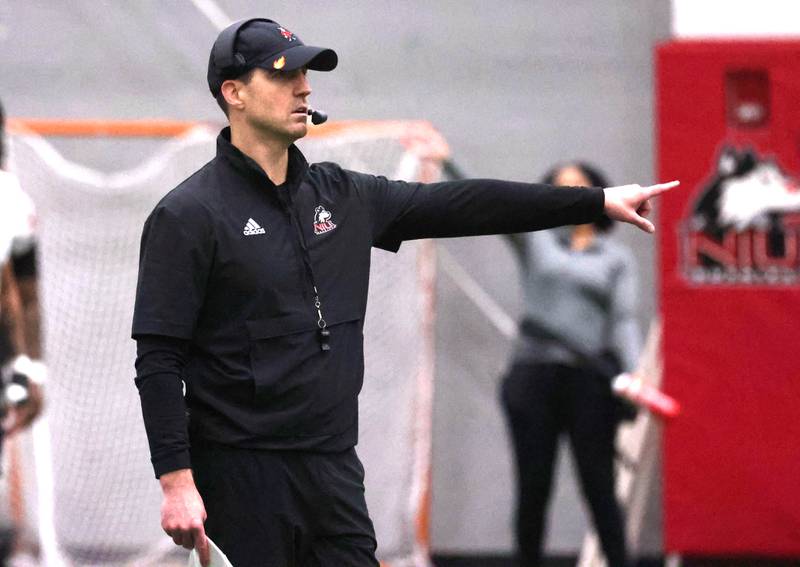 New Northern Illinois defensive coordinator Rob Harley gives instruction during the first spring football practice Thursday, March 27, 2025, in the Chessick Practice Center at NIU in DeKalb.