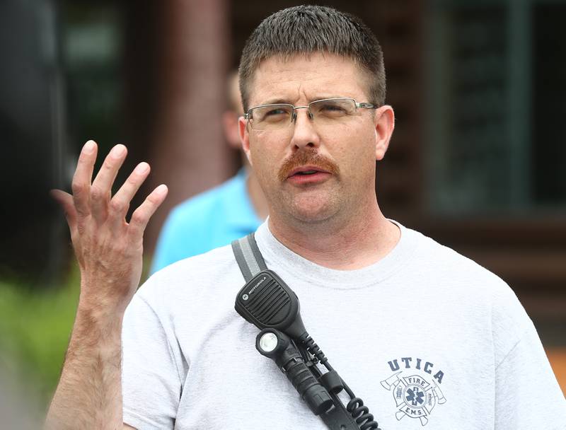 Utica assistant chief Drew Partain address the media during a press conference on Tuesday, May 31, 2022 at Grand Bear Resort in Utica. Partain reported that firefighters still are dealing with “hot spots” in the area where seven, four-unit cabins were destroyed by a fast-spreading fire late Monday afternoon.