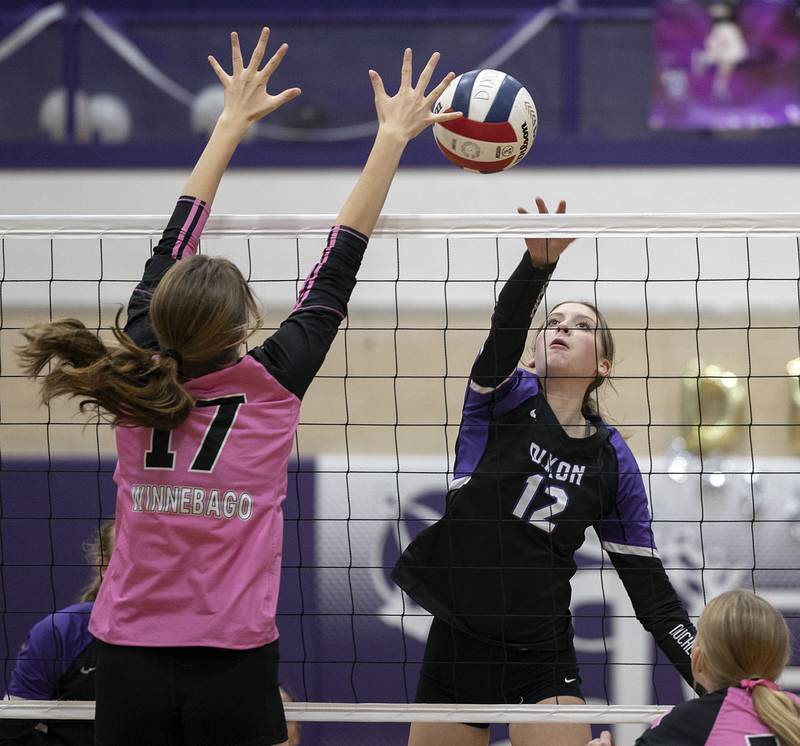 Dixon’s Isabelle Quackboerner works the net against Winnebago’s Hannah Bertram Tuesday, Oct. 22, 2024, in Dixon.