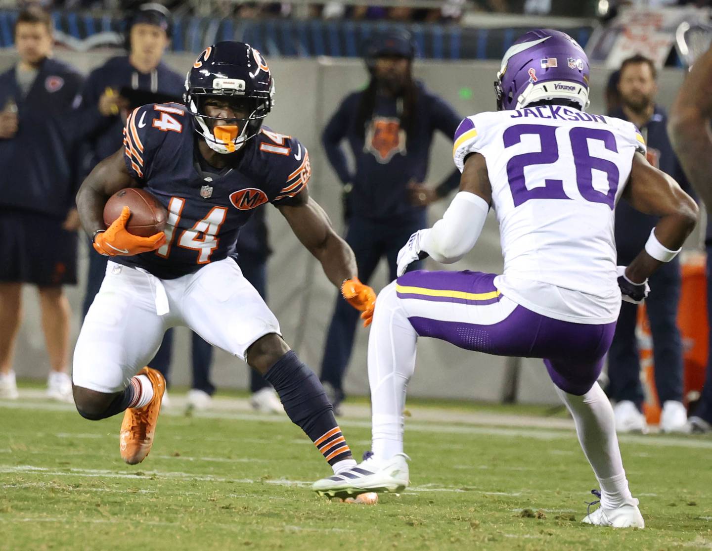Chicago Bears wide receiver Olamide Zaccheaus looks to get by Minnesota Vikings safety Theo Jackson during their game Monday, Sept. 8, 2025, at Soldier Field in Chicago.