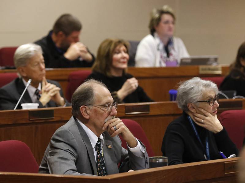 Members of the McHenry County Board  listen to a speaker during the Committee of the Whole meeting Thursday, Dec. 15, 2022, in the McHenry County Administration Building in Woodstock.