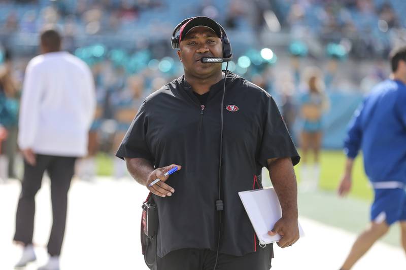 San Francisco 49ers special teams coordinator Richard Hightower walks the sideline during a game against the Jacksonville Jaguars on Nov. 21. The Bears have hired Hightower as their next special teams coordinator.