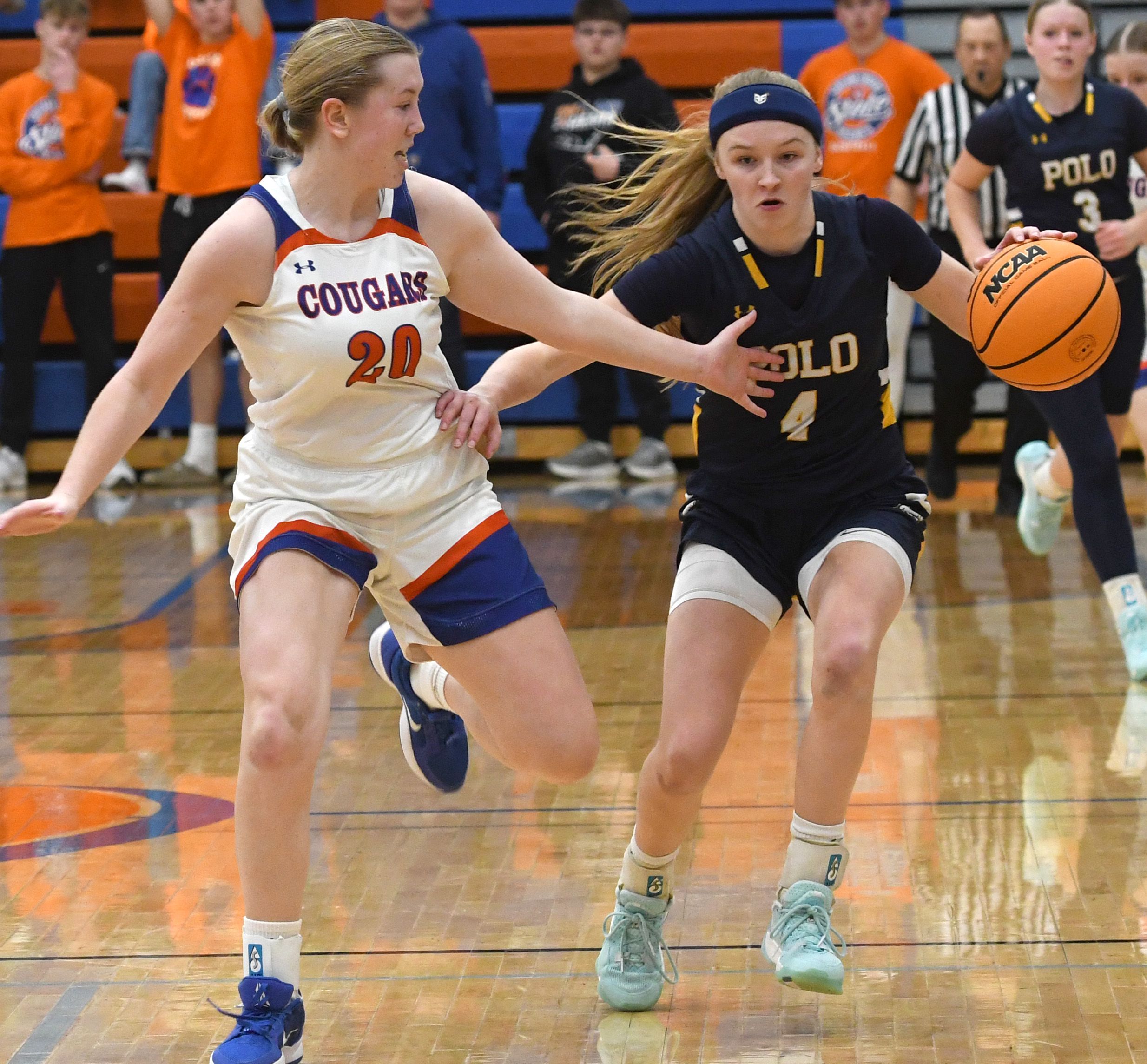 Polo's Camrynn Jones (4) fends off Eastland's Tatum Grim (20) during a fast break on Tuesday, Feb. 10, 2026 at Eastland High School in Lanark.