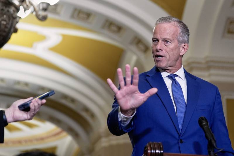 FILE - Sen. Majority Leader John Thune, R-S.D., talks after a policy luncheon on Wednesday, July 9, 2025, at the Capitol in Washington. (AP Photo/Mariam Zuhaib, File)