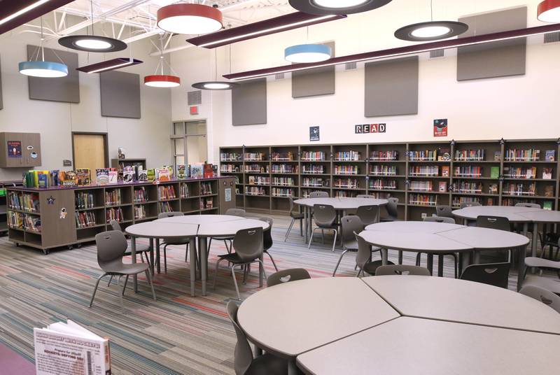 The media center at the new Mitchell Elementary School Friday, Aug. 8, 2025, during the grand opening celebration at the school in DeKalb.