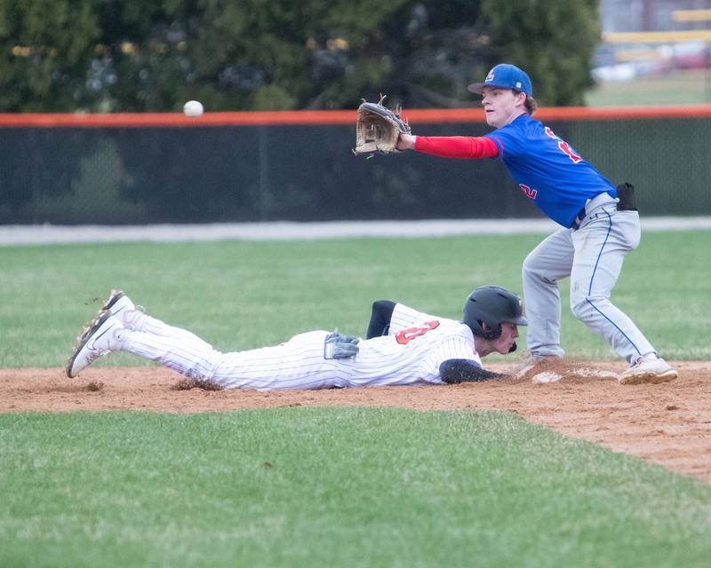 Crystal Lake Central's Konnor Altergott slides into second base before the tag by Lake's Jacob Kane on Friday April 4, 2025 in Crystal Lake.