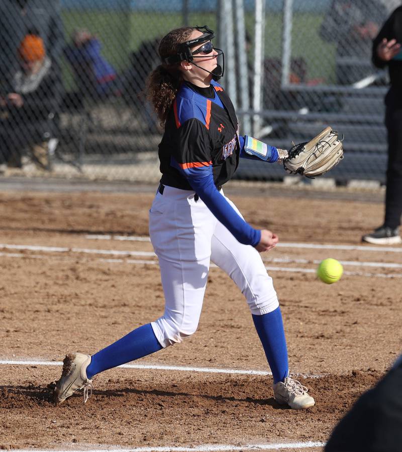 Genoa-Kingston’s Lillian Provost delivers a pitch during their game against Winnebago Monday, April 21, 2025, at Genoa-Kingston High School.