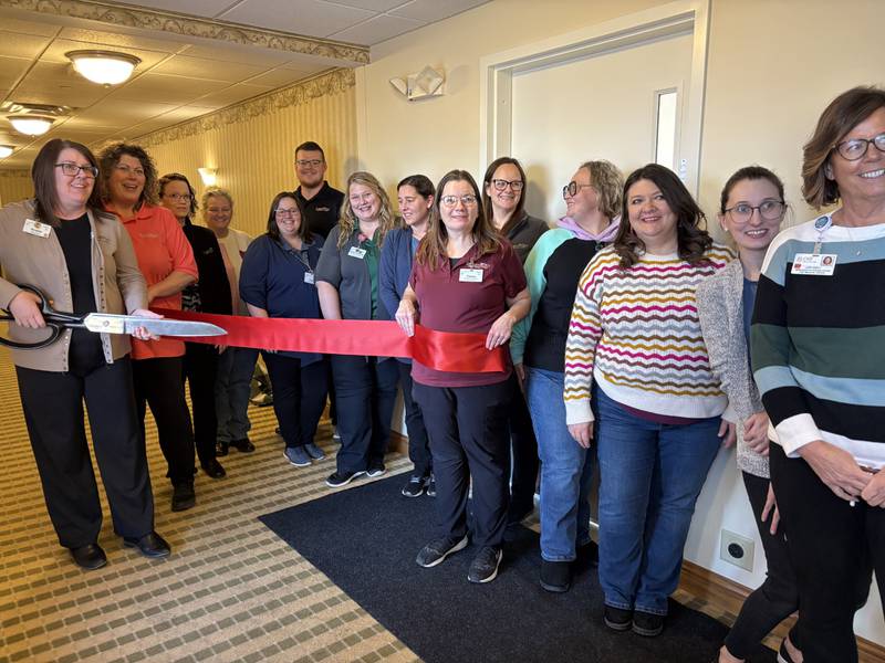 Evergreen Place Supportive Living held a ribbon-cutting ceremony for their new kitchen on Thursday, Feb. 6, 2025. Pictured from left: Kristie Finney (Evergreen Director), Allison Maubach (Evergreen Wellness Coordinator), Melinda Berry (Evergreen Receptionist), Jeanne McMenamin
(Streator Chamber Administrative Assistant), Tana Danko (Evergreen Life Enrichment), Kaitlan Gaworski (Evergreen Community Relations Coordinator), Mandi Flynn (Evergreen Wellness Coordinator), Tanya Dennis (Culinary Services Coordinator), Laura Nimke (Evergreen Administrative Services Coordinator),  Amber Miller (Streator Chamber Director), Tara Bedei (Streator Mayor), Devon Delvallee (Starved Rock Media), Lori Snell (OSF Physician Office Manager)