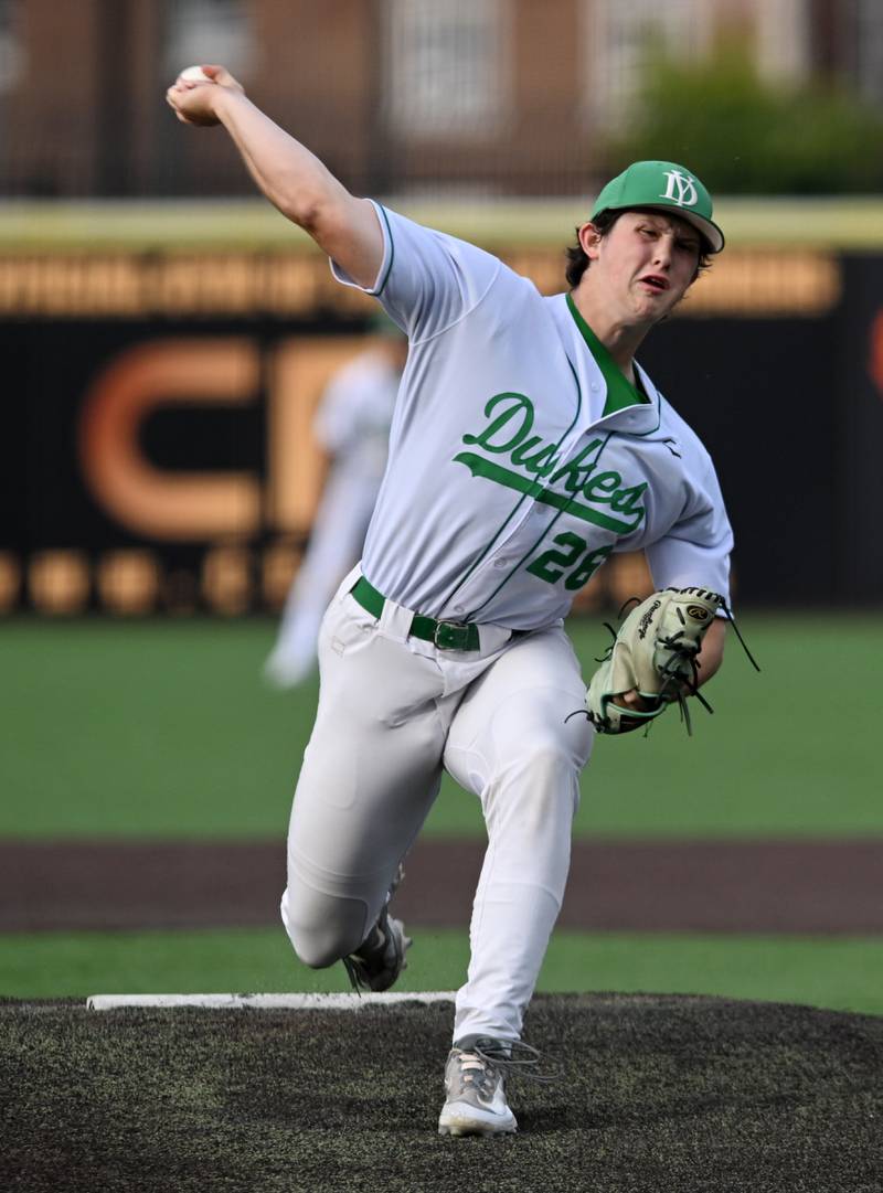 York’s Ryan Sloan delivers a pitch against Conant during the Class 4A state baseball semifinal at Duly Health and Care Field on Friday, June 7, 2024 in Joliet.