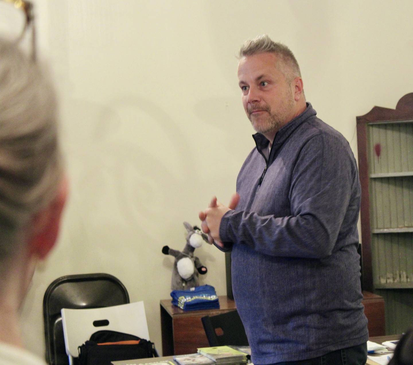 Eric Sorensen, Democratic candidate for the 17th District U.S. House seat, meets with volunteers at the party headquarters in Rock Falls on Saturday.