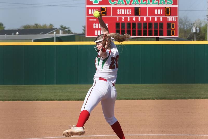 L-P's Taylor Vescogni fires a pitch to Kaneland on Wednesday, April 2024 at the L-P Athletic Complex in La Salle.