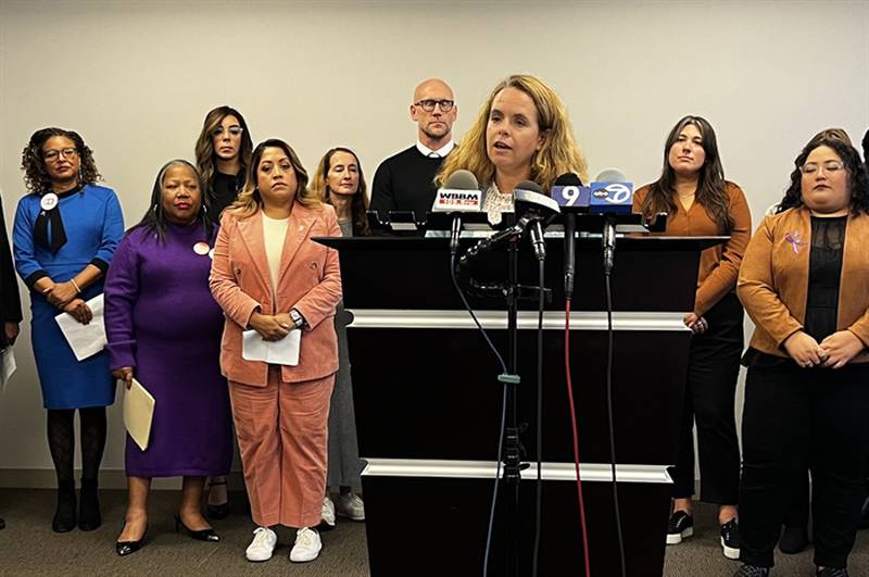Flanked by domestic violence advocates and a pair of state senators, State Rep. Maura Hirschauer, D-Batavia, speaks at a Chicago news conference on Thursday announcing intentions to run a gun-related proposal during the General Assembly’s fall veto session later this month. Hirschauer’s bill would require law enforcement to confiscate guns from those with domestic violence orders of protection within 48 hours of a judge granting an order.