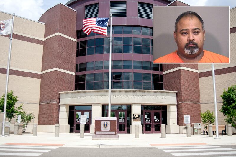 Inset of Jonathan Gomes in front of Northwest Herald file photo of the McHenry County courthouse.