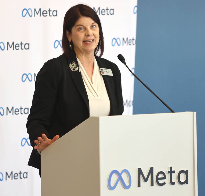 Northern Illinois University President Lisa Freeman talks during a press conference Wednesday, April 27, 2022, at the Meta DeKalb Data Center. Meta announced Wednesday that they will be expanding the Meta DeKalb Data Center by three new buildings. Once completed, the nearly 2.4 million-square-foot data center will represent an investment of over $1 billion and will support more than 200 operational jobs.