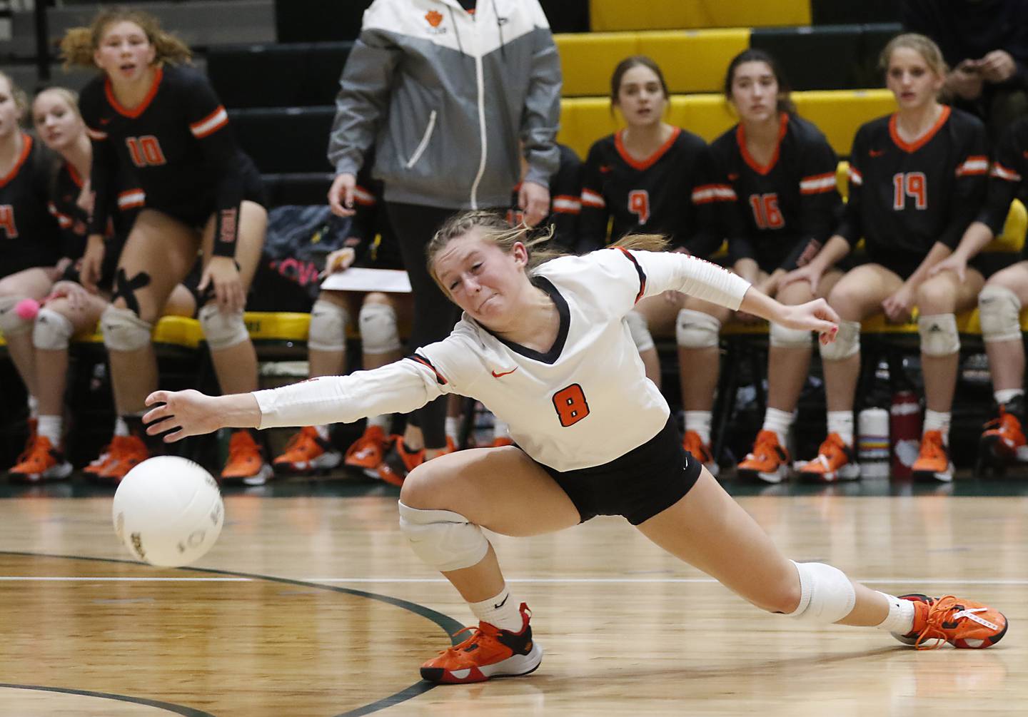 Crystal Lake Central's Mia Ginter tries to dig the ball during a IHSA Class 3A regional volleyball match Thursday, Oct. 27, 2022, between Prairie Ridge and Crystal Lake Central at Crystal Lake South High School.