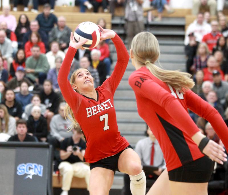 Benet’s Audrey Asleson sets the ball during the Class 4A St. Charles North Supersectional on Monday, Nov. 11, 2024 against New Trier.