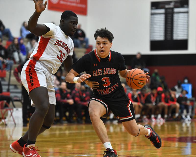 Aurora East Jabian Acosta (3) brings the ball up court in the Class 4A Plainfield North Regional final on Friday, Feb. 25, 2022, at Plainfield.