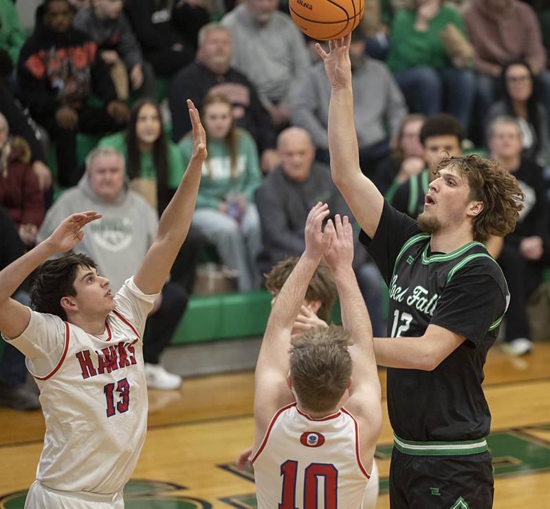 Rock Falls’ Cole Mulnix puts up a shot against Oregon Wednesday, Feb. 25, 2026, in the Class 2A regional semifinal at Rock Falls High School.
