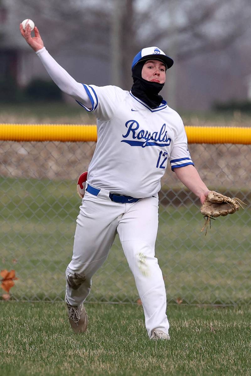 Hinckley-Big Rock’s Austin Roop gets the ball back into the infield during their game against Polo Thursday, April 3, 2025, at Hinckley-Big Rock High School.