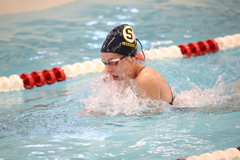 Sterling's Emily Lofgren competes in the 200 yard medley relay during a swimming meet on Tuesday, Oct. 10, 2023 at L-P High School.
