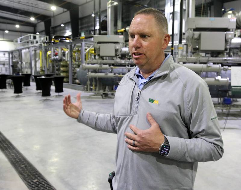 Brian Snyder, director of operations for Waste Management renewable energy, talks Tuesday, April 22, 2025, inside the new Waste Management renewable natural gas facility at the landfill in DeKalb. The facility converts collected landfill gas to lower-emission renewable natural gas which can be used to power homes and natural gas powered vehicles.