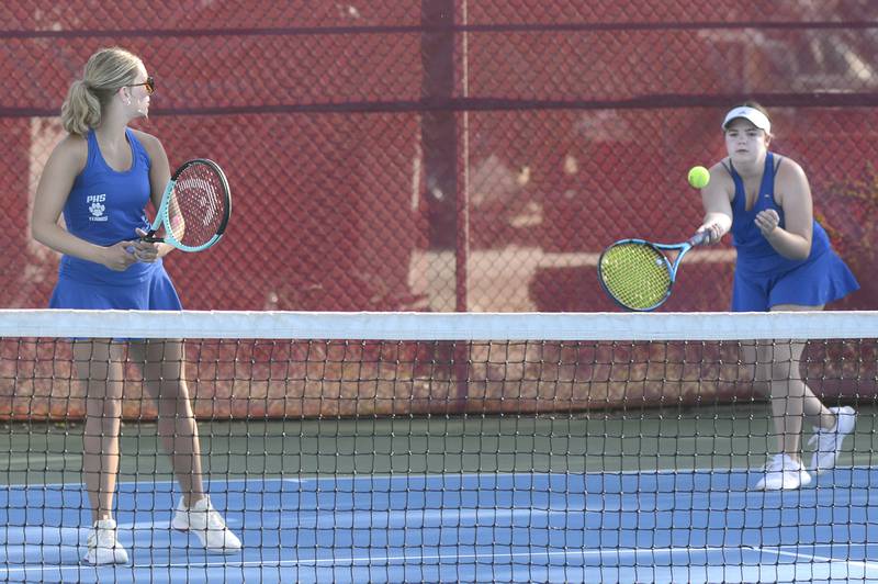 Princeton's No. 1 doubles team of Ava Ellis (at left) and Anna Munson play against the host Bulldogs on Tuesday, Sept. 16, 2025, in Streator.