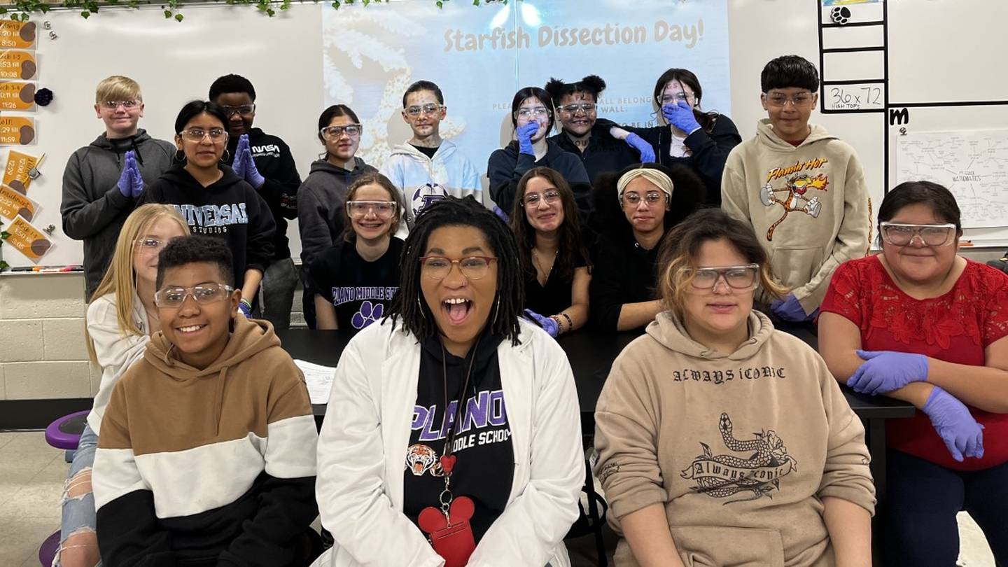 Sydney Hackley and her seventh grade science class on starfish dissection day, March 24 2023, at Plano Middle School.