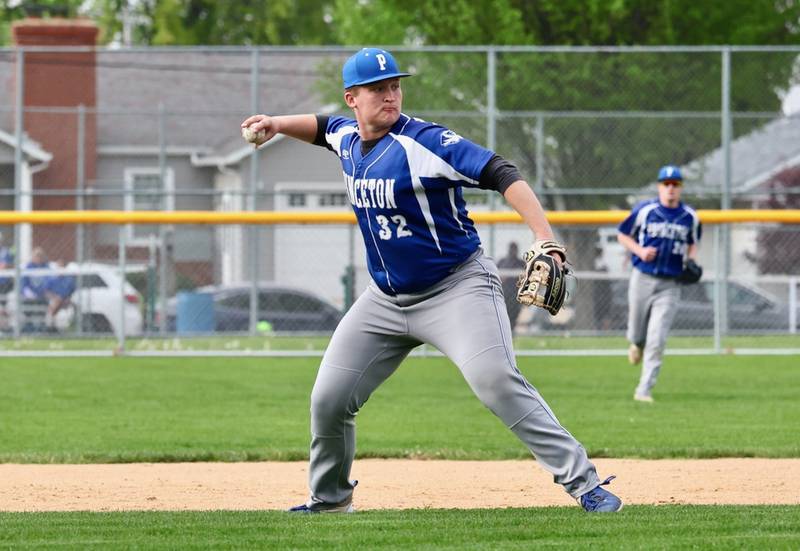 Princeton third baseman Luke Smith throws across the diamond Monday at. Prather Field. Hall won 10-4.