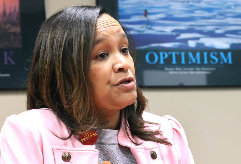 Treveda Redmond, principal at Huntley Middle School, talks about her job and how she enjoys working with kids Tuesday, March 14, 2023, at the school in DeKalb.