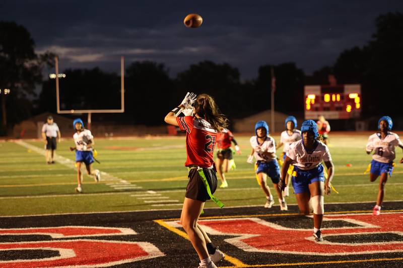 Bradley-Bourbonnais' Kylie Stanek catches a touchdown pass during the Boilermakers' 60-7 victory over Joliet Central in the season opener on Aug. 25, 2025.