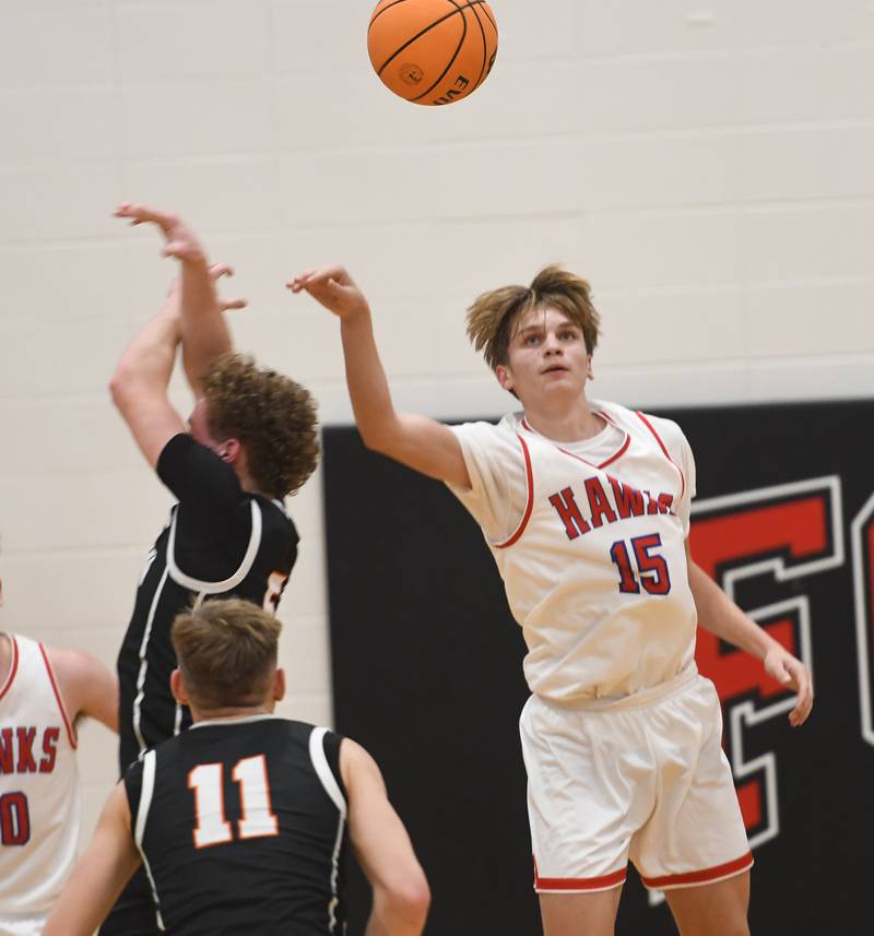 Oregon's Brian Wallace (15) tries to get a piece of the ball against Byron on Monday, Dec. 15, 2025 game at the 64th Forreston Holiday Tournament at Forreston High School.