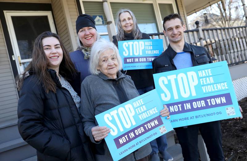 (From left) Sarah Bacon Ehlers, Kiki Ehlers, Elke Ehlers, Robin Tyroff and Dima Ehlers have helped to organize a Not in Our Town movement in Downers Grove. The organization is designed to combat the divisiveness growing in the village and promote inclusiveness.