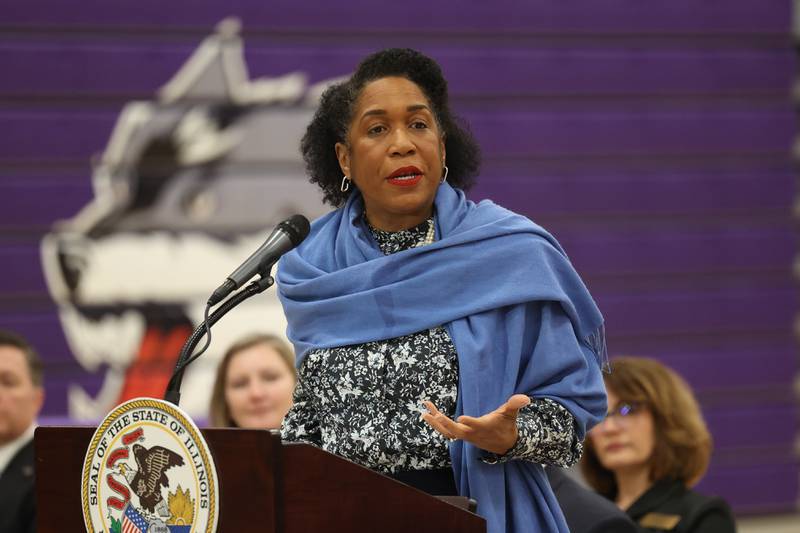 Lieutenant Governor Juliana Stratton speaks at a press conference regarding the state’s proposed investment in higher education at Joliet Junior College on Thursday, March 16th, 2023.