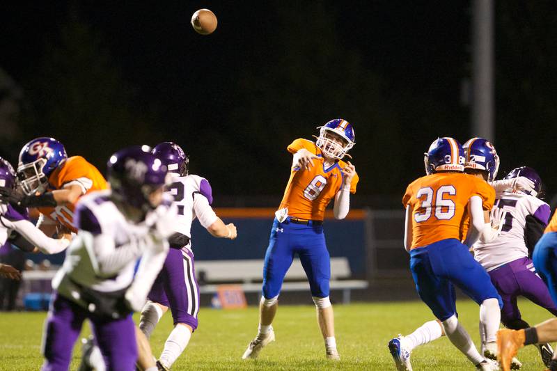 Genoa - Kingston's Nathan Kleba throws for a gain against Dixon on Friday Oct.7,2022 in Genoa.