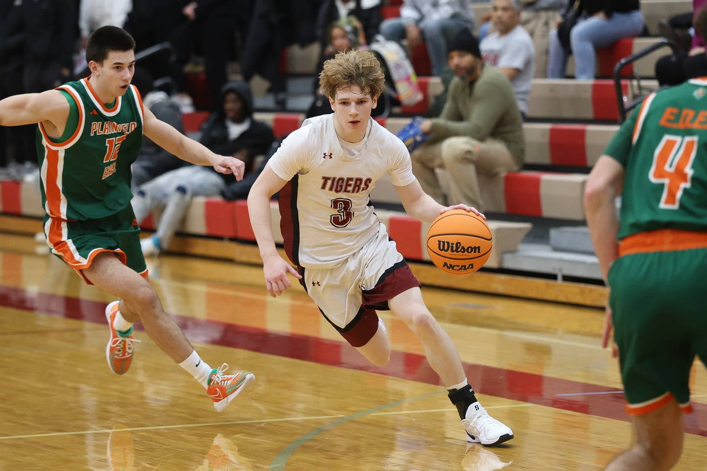 Plainfield North’s Jacob Week drives to the basket against Plainfield East on Tuesday, Dec. 9, 2025 in Plainfield.