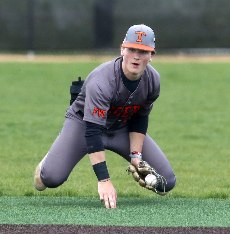 Crystal Lake Central's Ethan Wolf fields the ball during a Fox Valley Conference baseball game against McHenry on Friday, May 2, 2025, at McHenry High School.