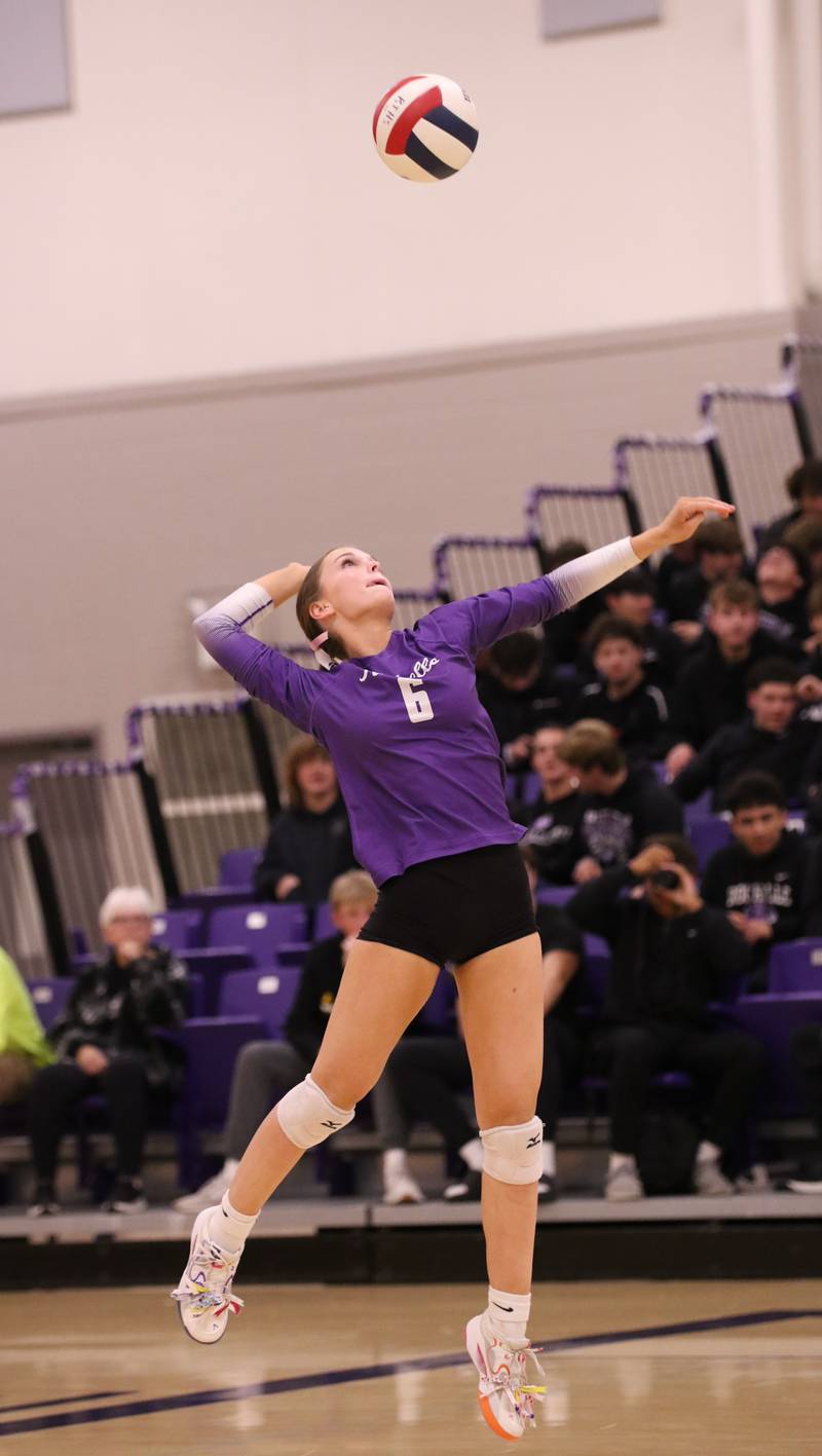 Rochelle's Briel Metzger (6) serves the ball during a match with Ottawa on Oct. 23, 2025.