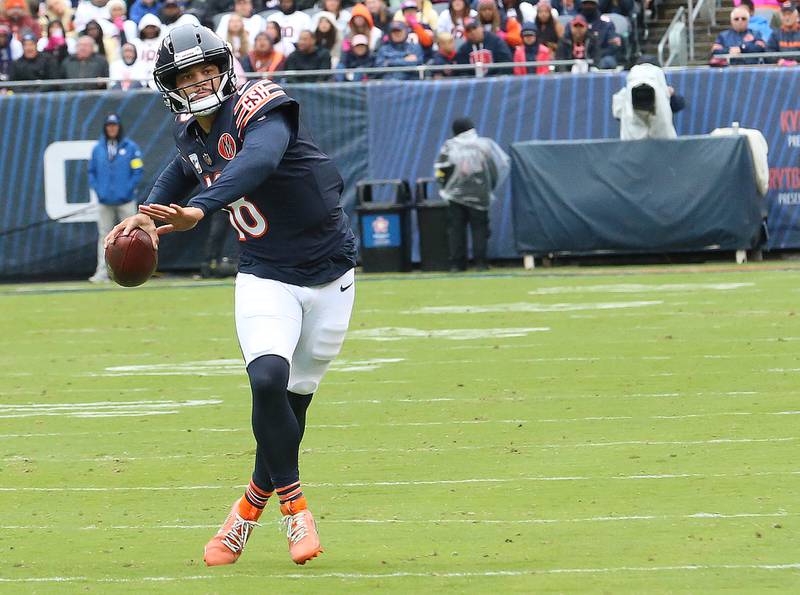 Chicago Bears quarterback Caleb Williams looks to throw a pass against the New Orleans Saints on Sunday, Oct .11, 2025 at Soldier Field in Chicago.