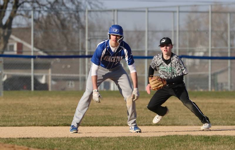 Princeton's Noah LaPorte leads off second bas in the Thursday, March 21 game at Prather Field.