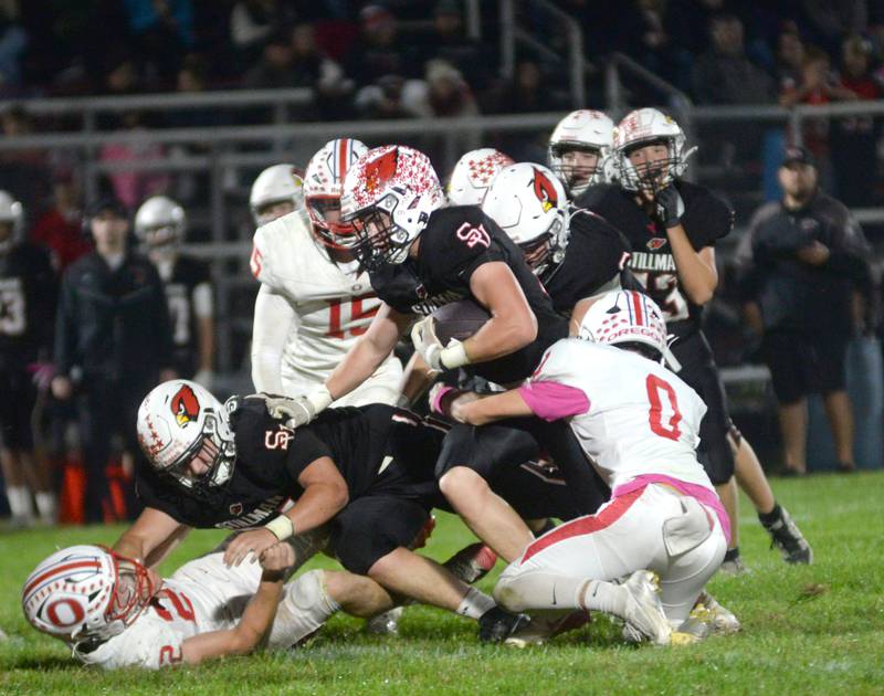 Stillman Valley's Brady Stewart fights for yards against Oregon on Friday, Oct. 10, 2025.
