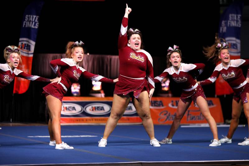 Members of the Richmond-Burton cheerleading team compete in the small team division of the IHSA State Finals on Saturday, Feb. 8, 2025 at Grossinger Motors Arena in Bloomington.