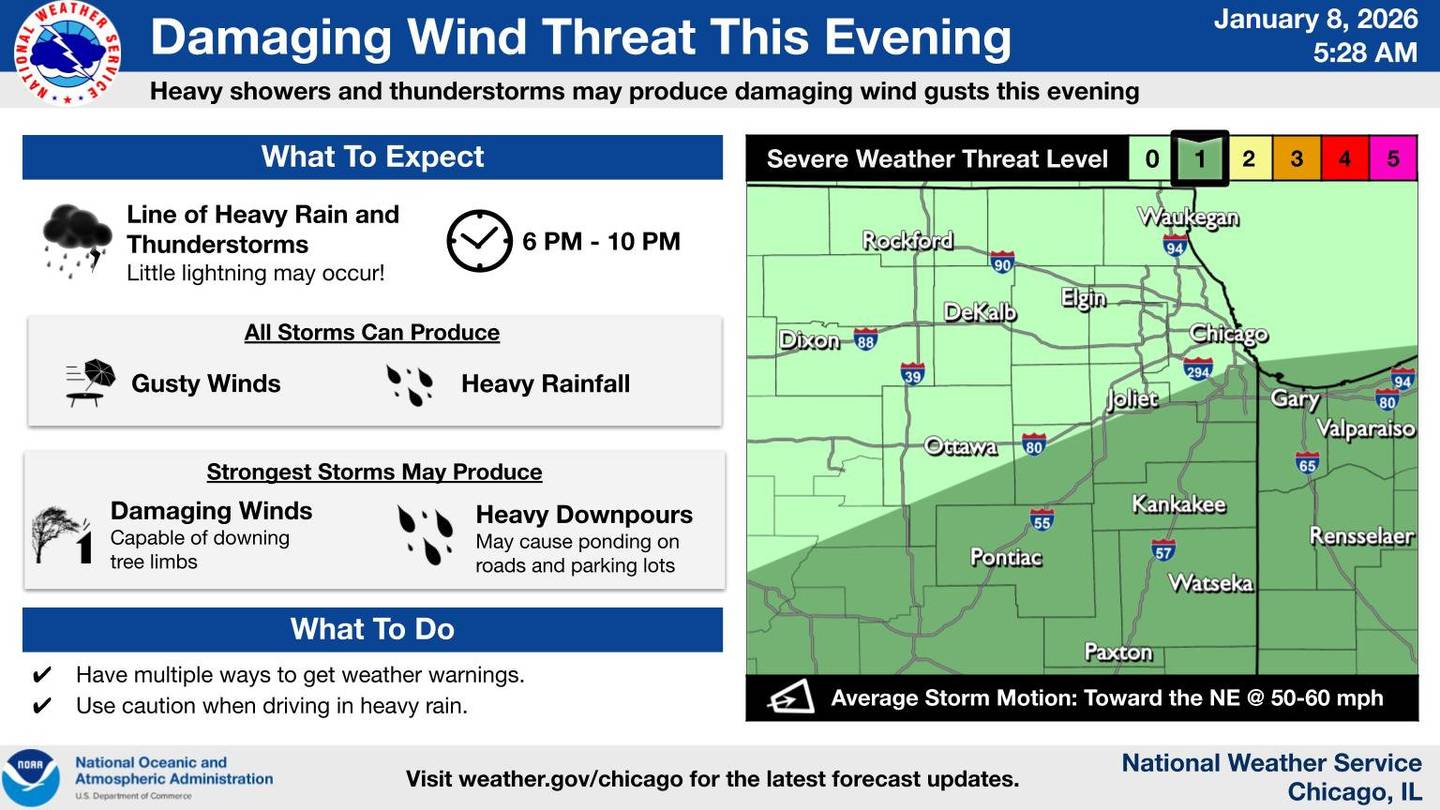 Thunderstorms with high winds are expected across northern Illinois Thursday evening.