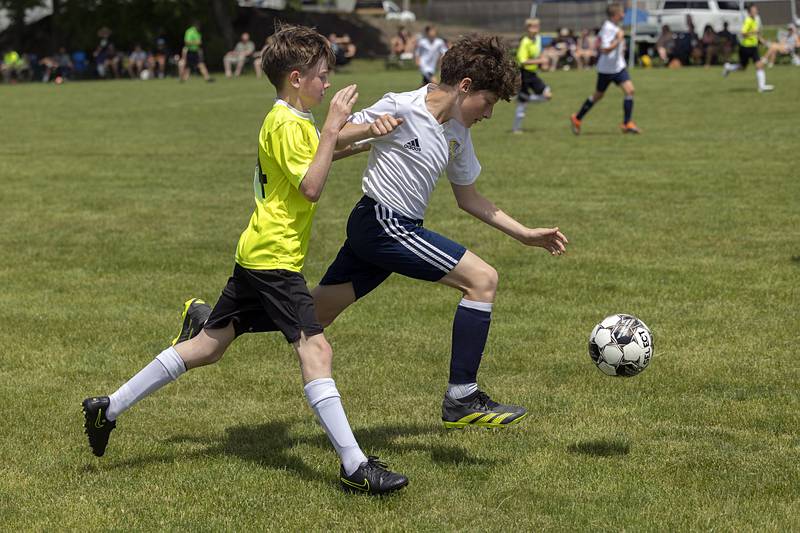 Sterling United’s Liam Rosquist rushes upfield against the Quad City Strikers Sunday, May 19, 2024 at Scheid Park in Sterling.